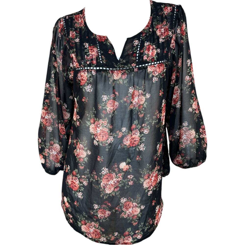 Mine Womens Large Black Floral Sheer 3/4‎ Length Sleeve Blouse - Picture 12 of 15